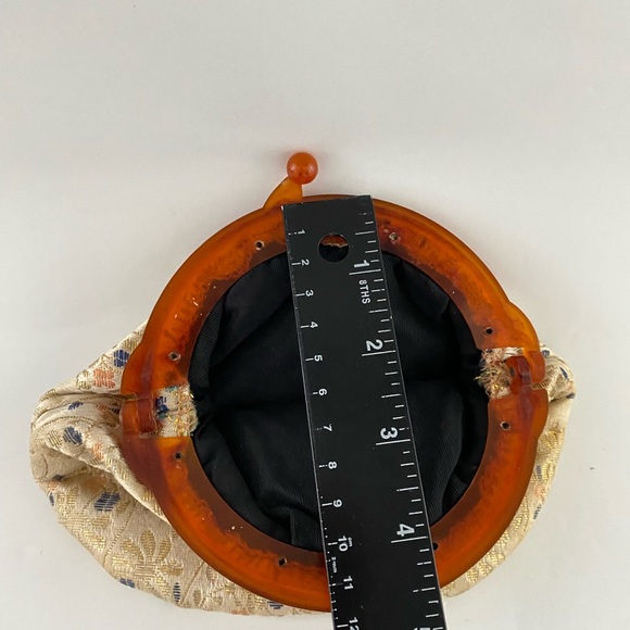 Japanese Kimono Dress Clutch Bag Vtg Green Flowers Tortoise Shell Handle - Picture 7 of 9